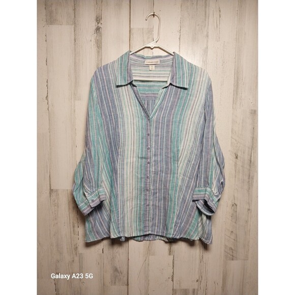Coldwater Creek Shirt Womens 2X Linen Striped Button Up Tunic 3/4 Sleeve Top - Picture 1 of 7